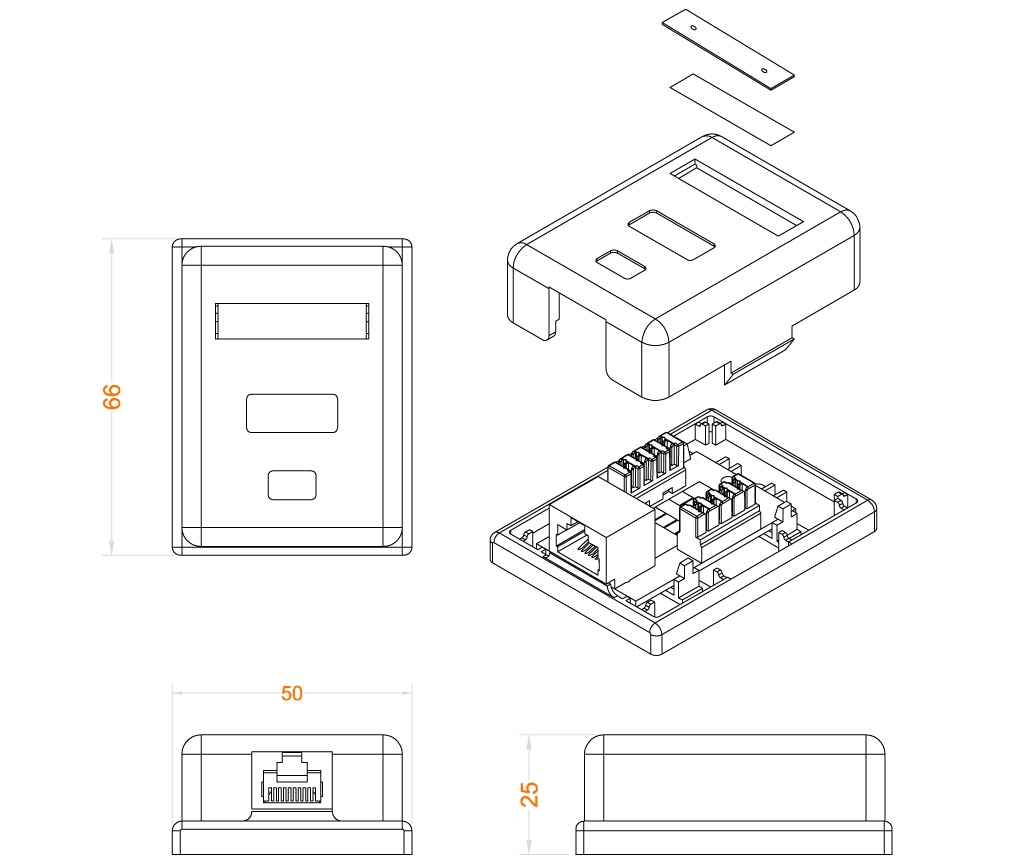 Сетевая розетка, накладная CAT 5e, UTP-RJ45, 1 портовая