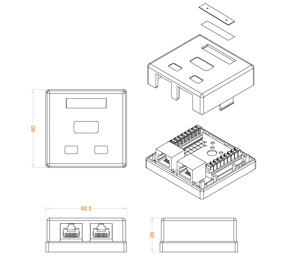 Сетевая розетка, накладная CAT6 FTP-RJ45, 2 портовая